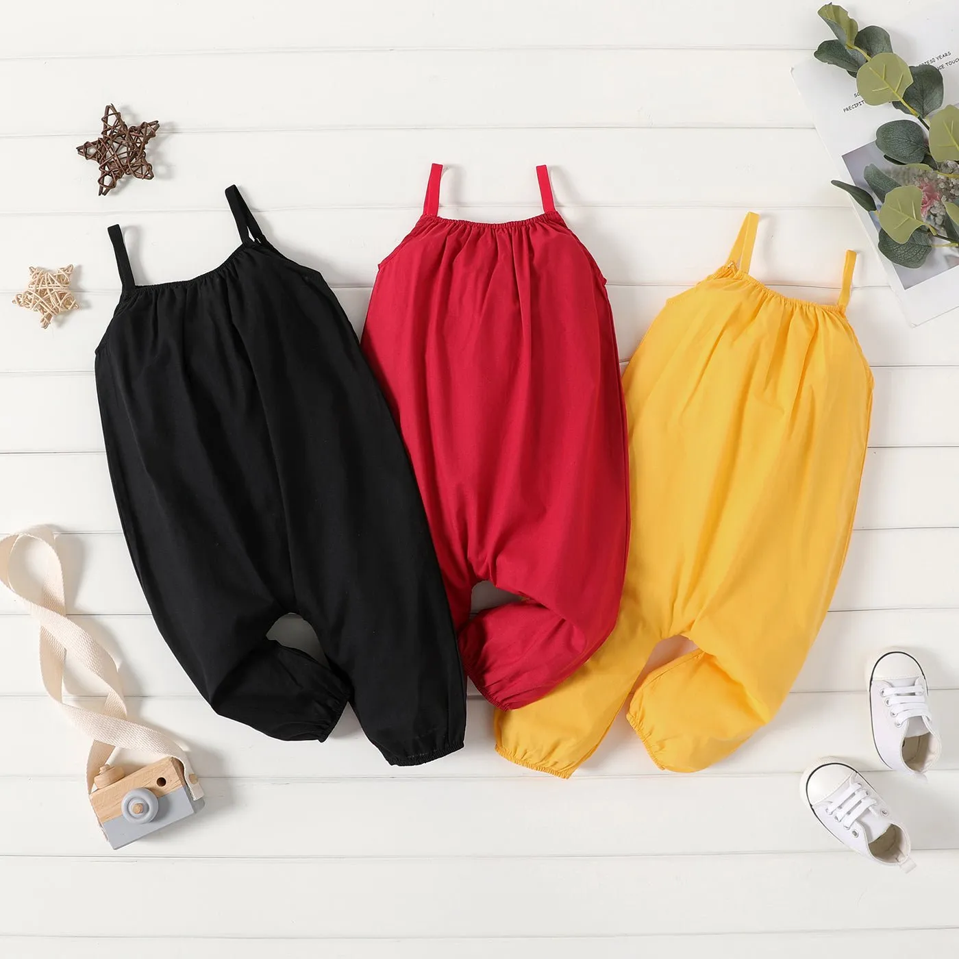 100% Cotton Baby Girl Loose-fit Solid Sleeveless Spaghetti Strap Harem Pants Overalls