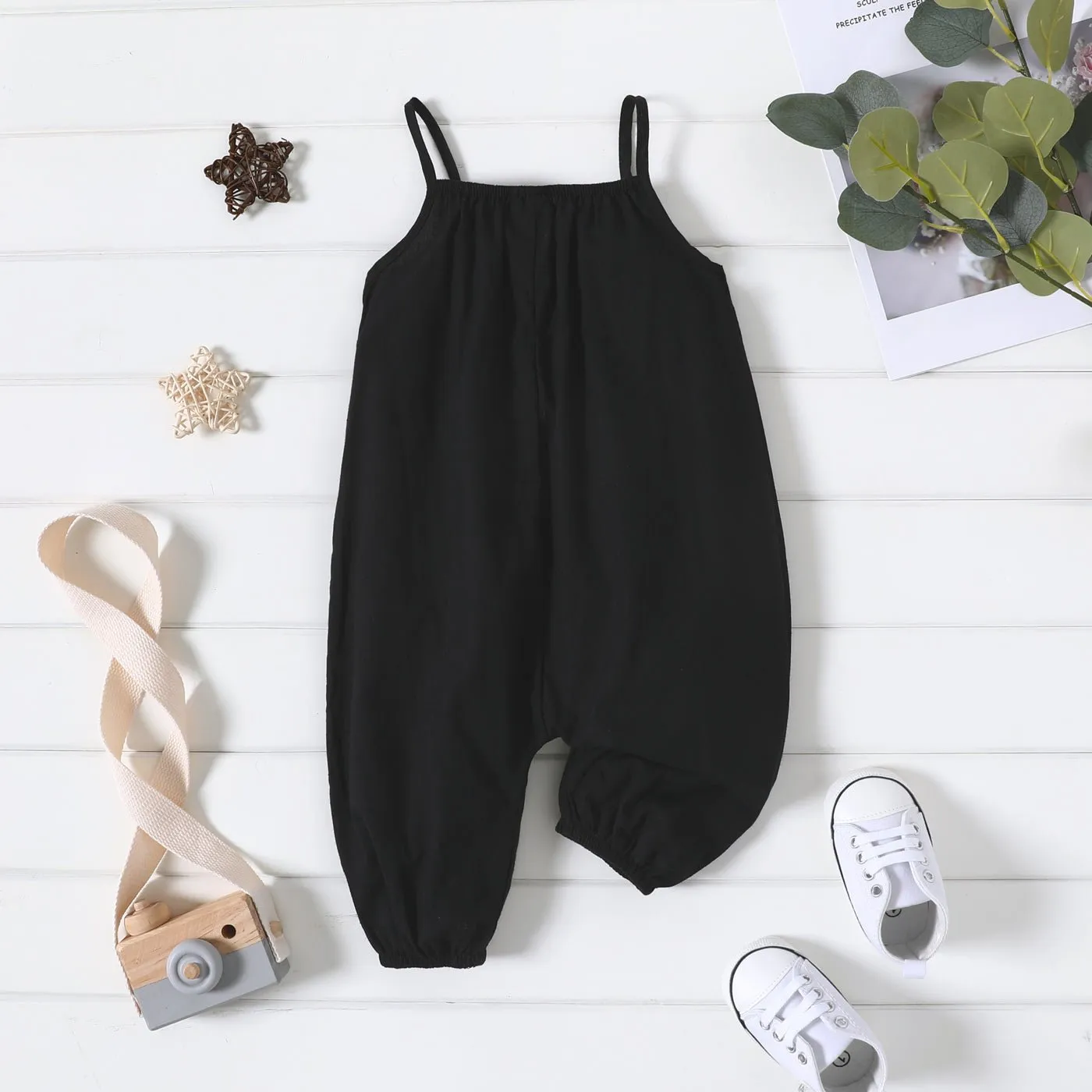 100% Cotton Baby Girl Loose-fit Solid Sleeveless Spaghetti Strap Harem Pants Overalls