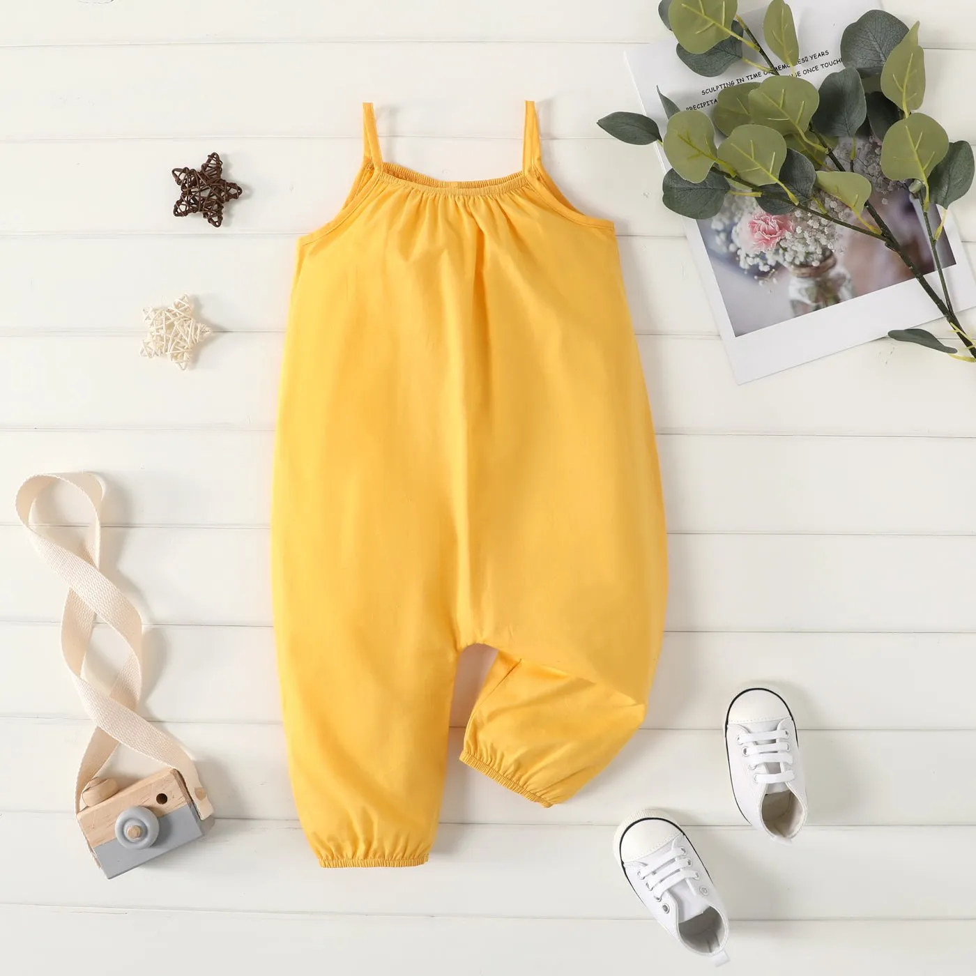 100% Cotton Baby Girl Loose-fit Solid Sleeveless Spaghetti Strap Harem Pants Overalls