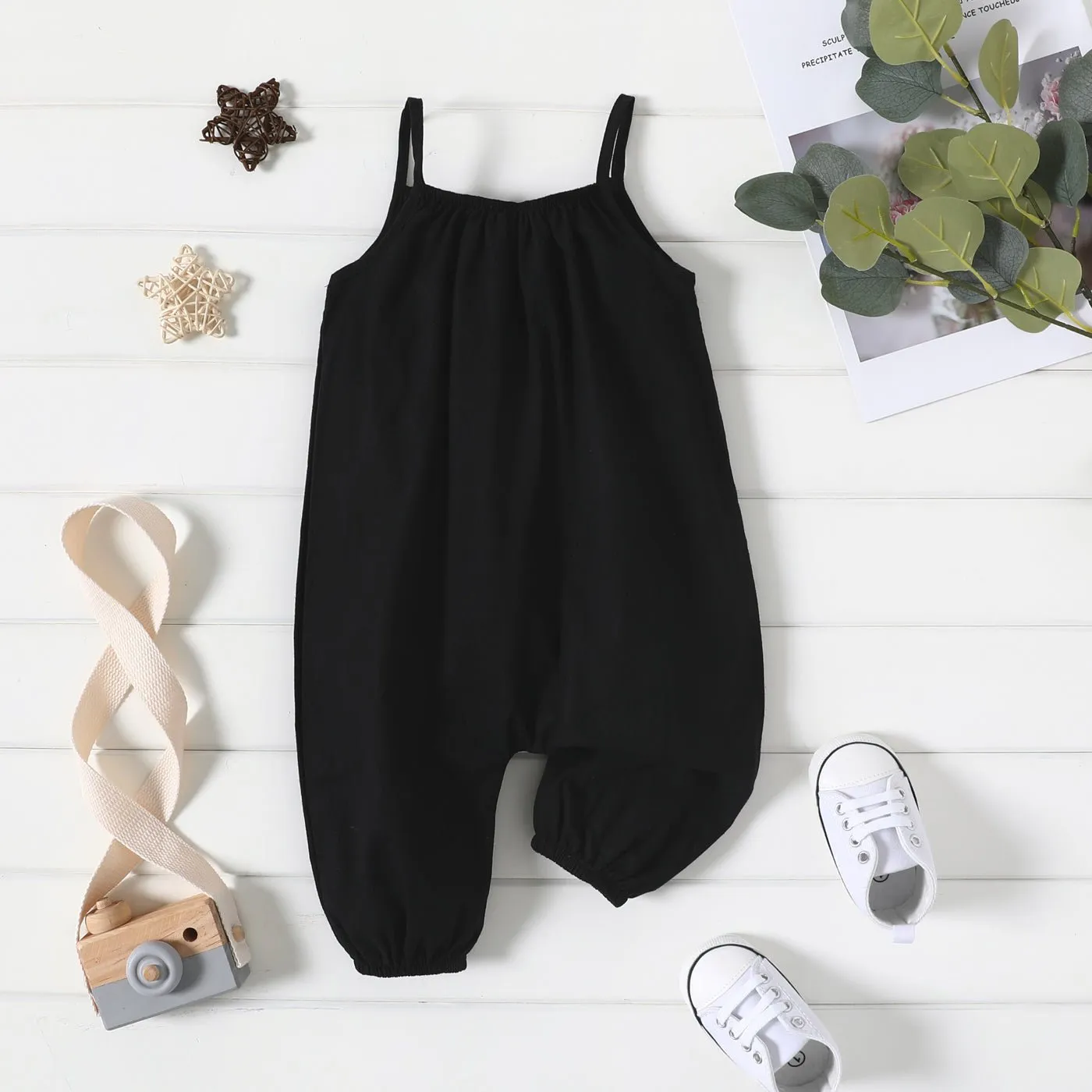 100% Cotton Baby Girl Loose-fit Solid Sleeveless Spaghetti Strap Harem Pants Overalls