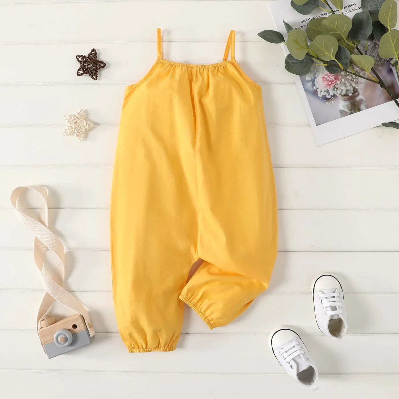 100% Cotton Baby Girl Loose-fit Solid Sleeveless Spaghetti Strap Harem Pants Overalls