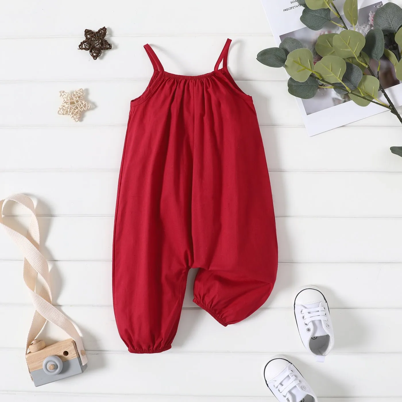 100% Cotton Baby Girl Loose-fit Solid Sleeveless Spaghetti Strap Harem Pants Overalls