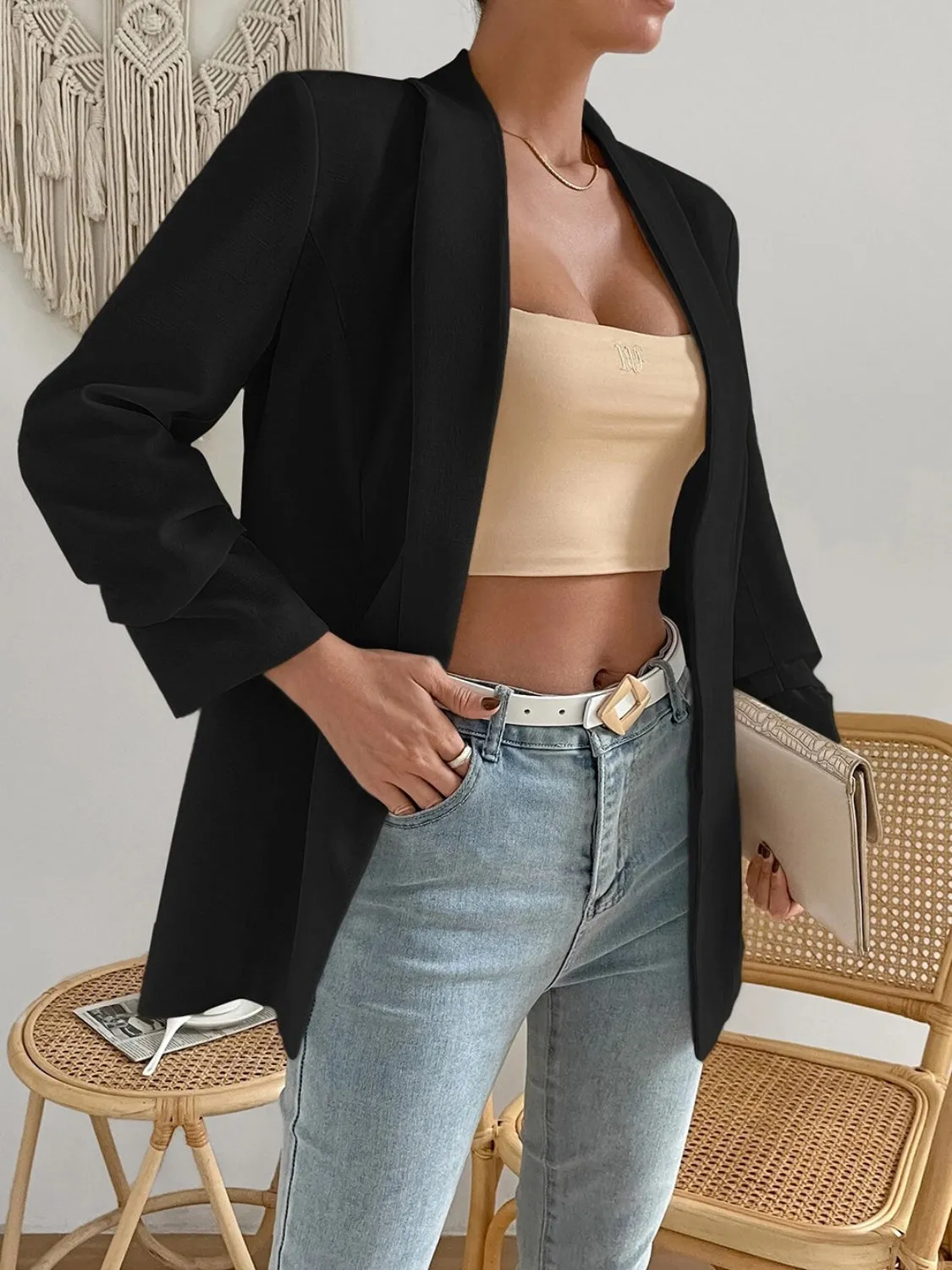 Black Shawl Collar Long Sleeve Blazer