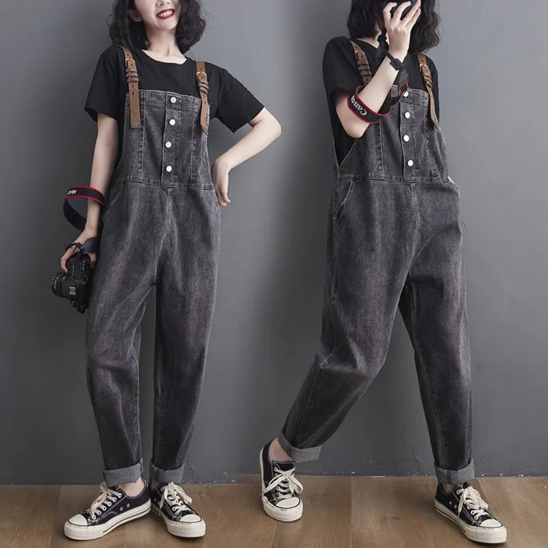 Button Washed Jeans Casual Straight Sling Women's Jumpsuits