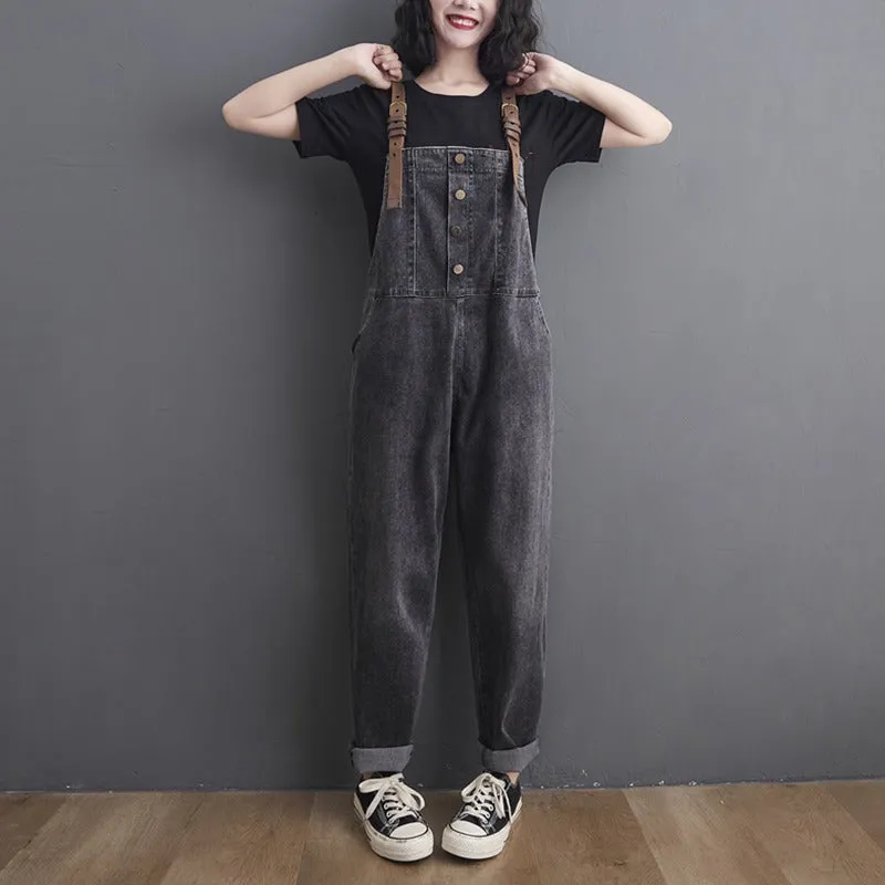 Button Washed Jeans Casual Straight Sling Women's Jumpsuits