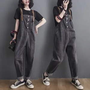 Button Washed Jeans Casual Straight Sling Women's Jumpsuits