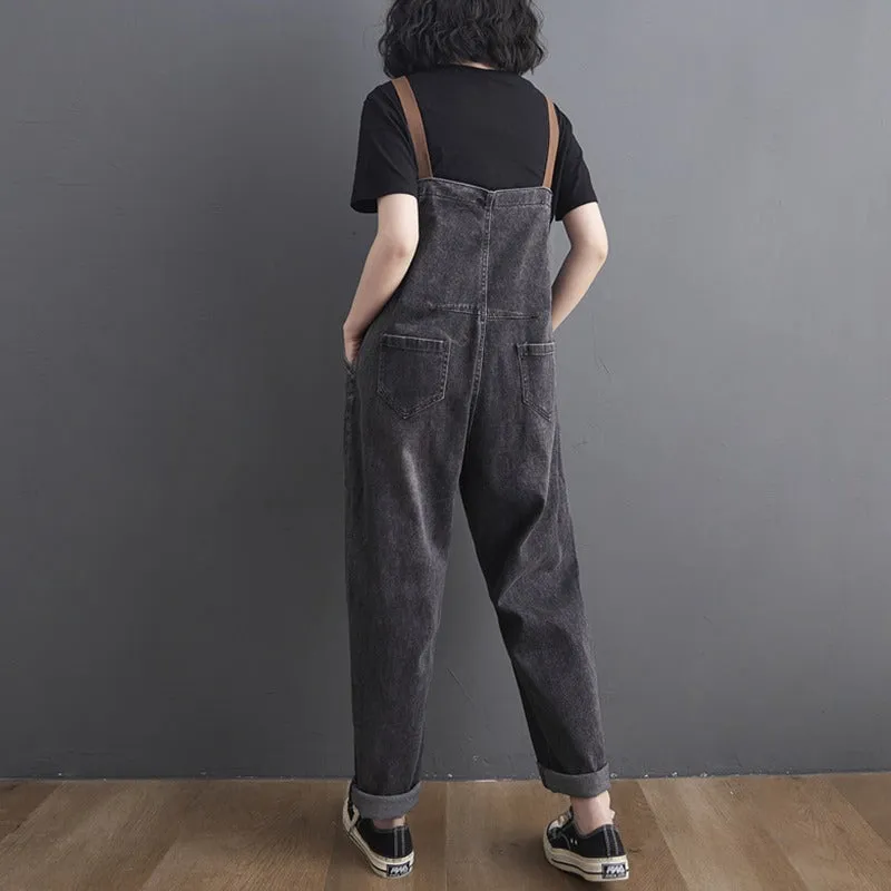 Button Washed Jeans Casual Straight Sling Women's Jumpsuits