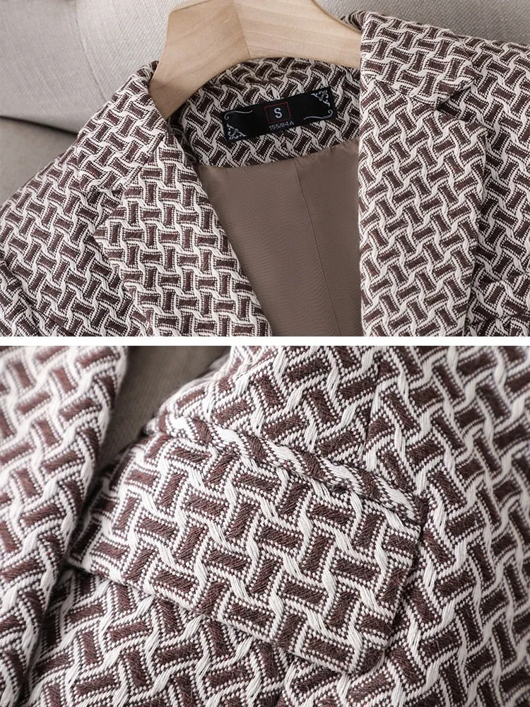 CAROLINE SUITS Women's Elegant Stylish Fashion Office Professional Woven Brown Plaid Blazer Jacket