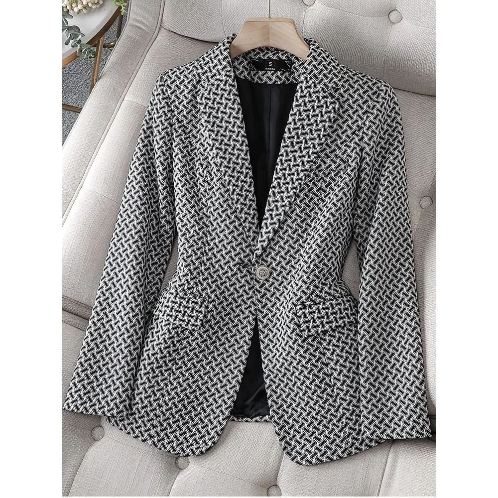 CAROLINE SUITS Women's Elegant Stylish Fashion Office Professional Woven Brown Plaid Blazer Jacket