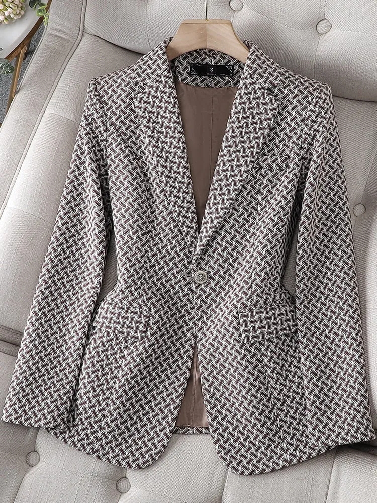 CAROLINE SUITS Women's Elegant Stylish Fashion Office Professional Woven Brown Plaid Blazer Jacket