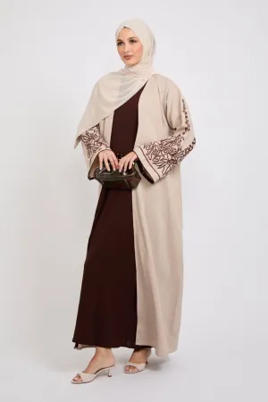 Four Piece Contrast Embroidered Sleeve Open Abaya Set - Spiced Cappucino