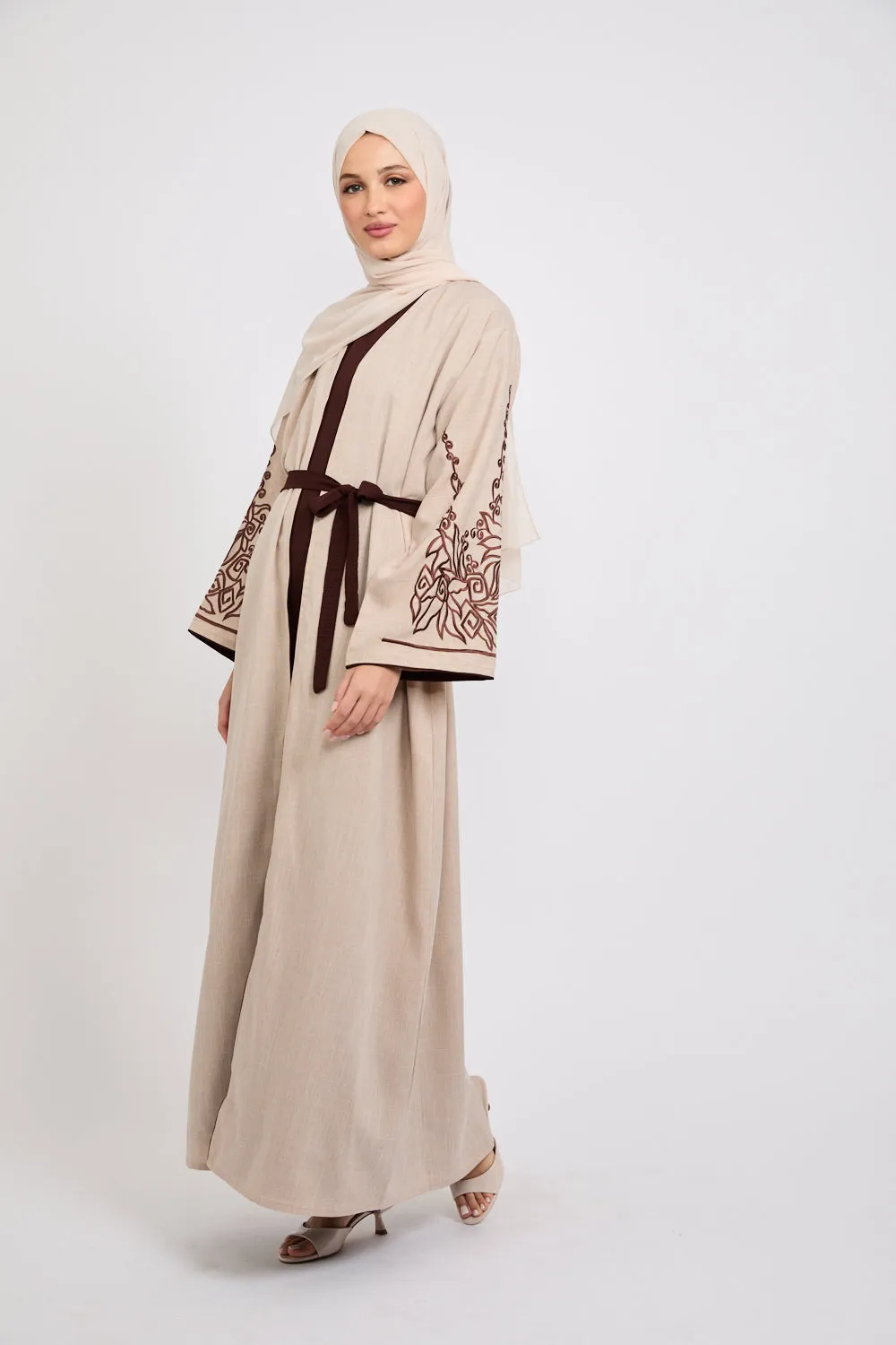 Four Piece Contrast Embroidered Sleeve Open Abaya Set - Spiced Cappucino