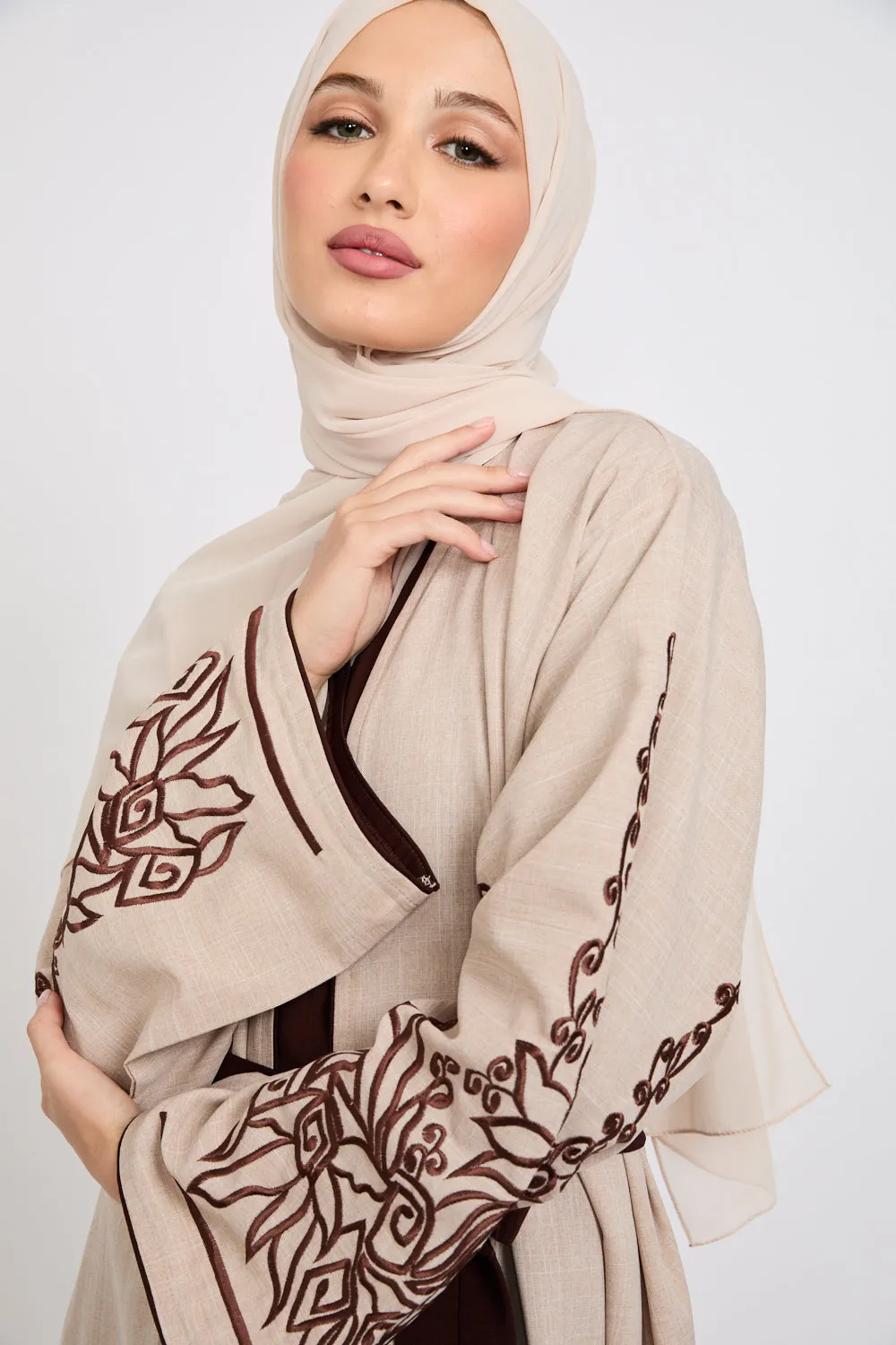 Four Piece Contrast Embroidered Sleeve Open Abaya Set - Spiced Cappucino