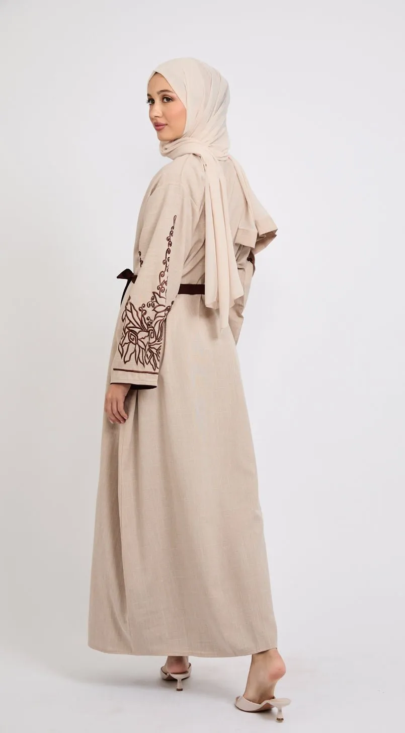 Four Piece Contrast Embroidered Sleeve Open Abaya Set - Spiced Cappucino
