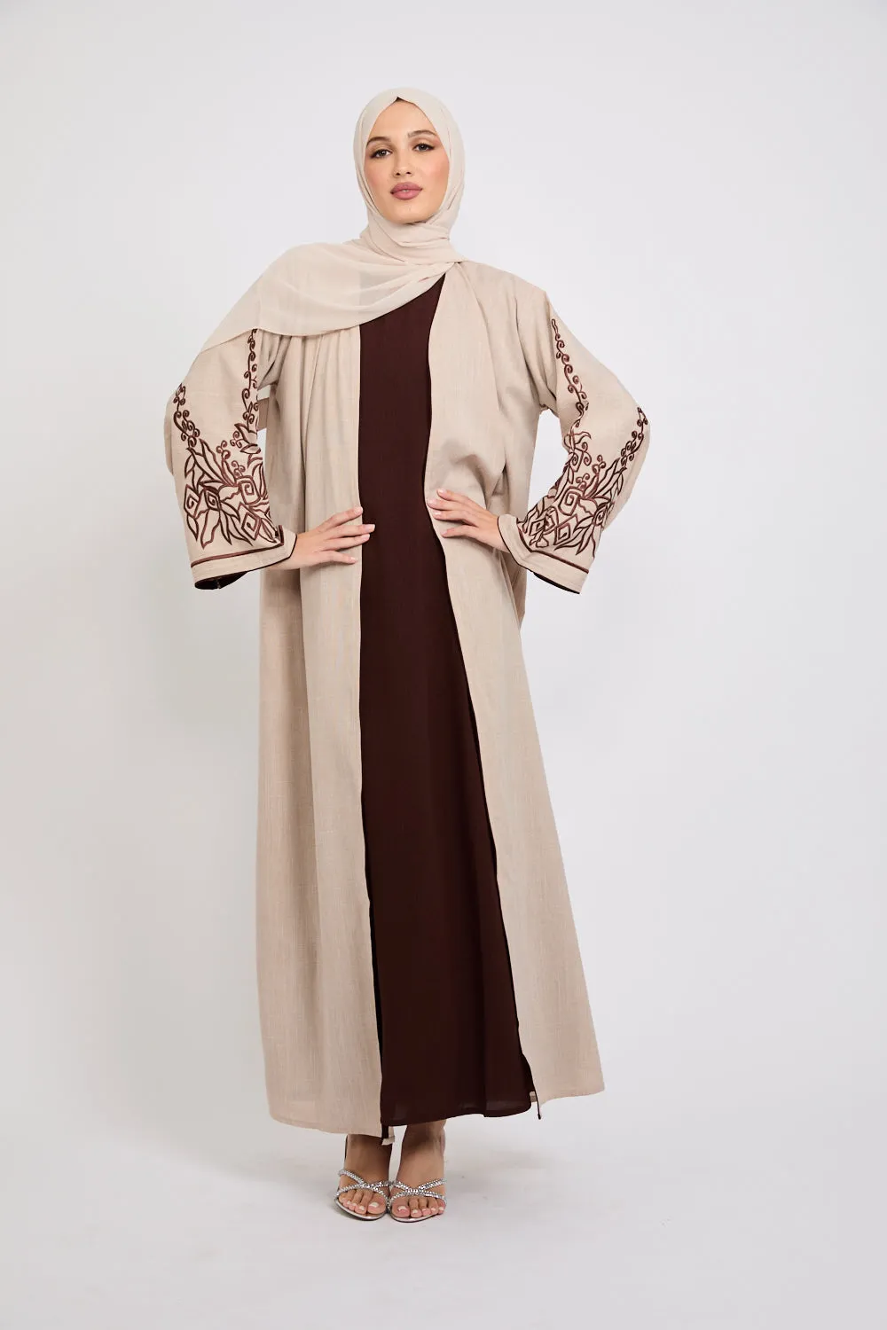 Four Piece Contrast Embroidered Sleeve Open Abaya Set - Spiced Cappucino