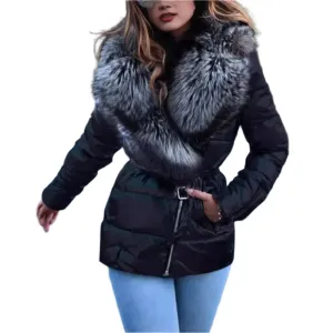 Glossy Women’s Short Down Cotton-Padded Parka with Big Fur Collar – Warm Winter Coat, Stylish Outerwear Jacket