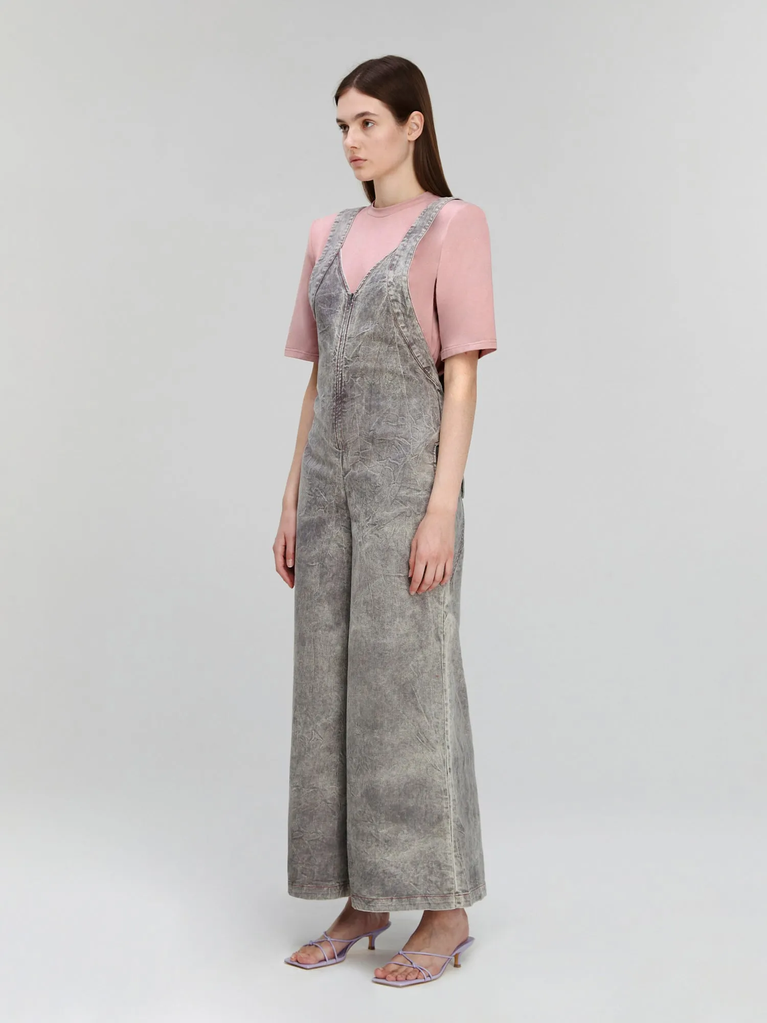 Gray Sleeveless V-Neck Denim Wide-Leg Full-Length Casual Jumpsuit JUMPER