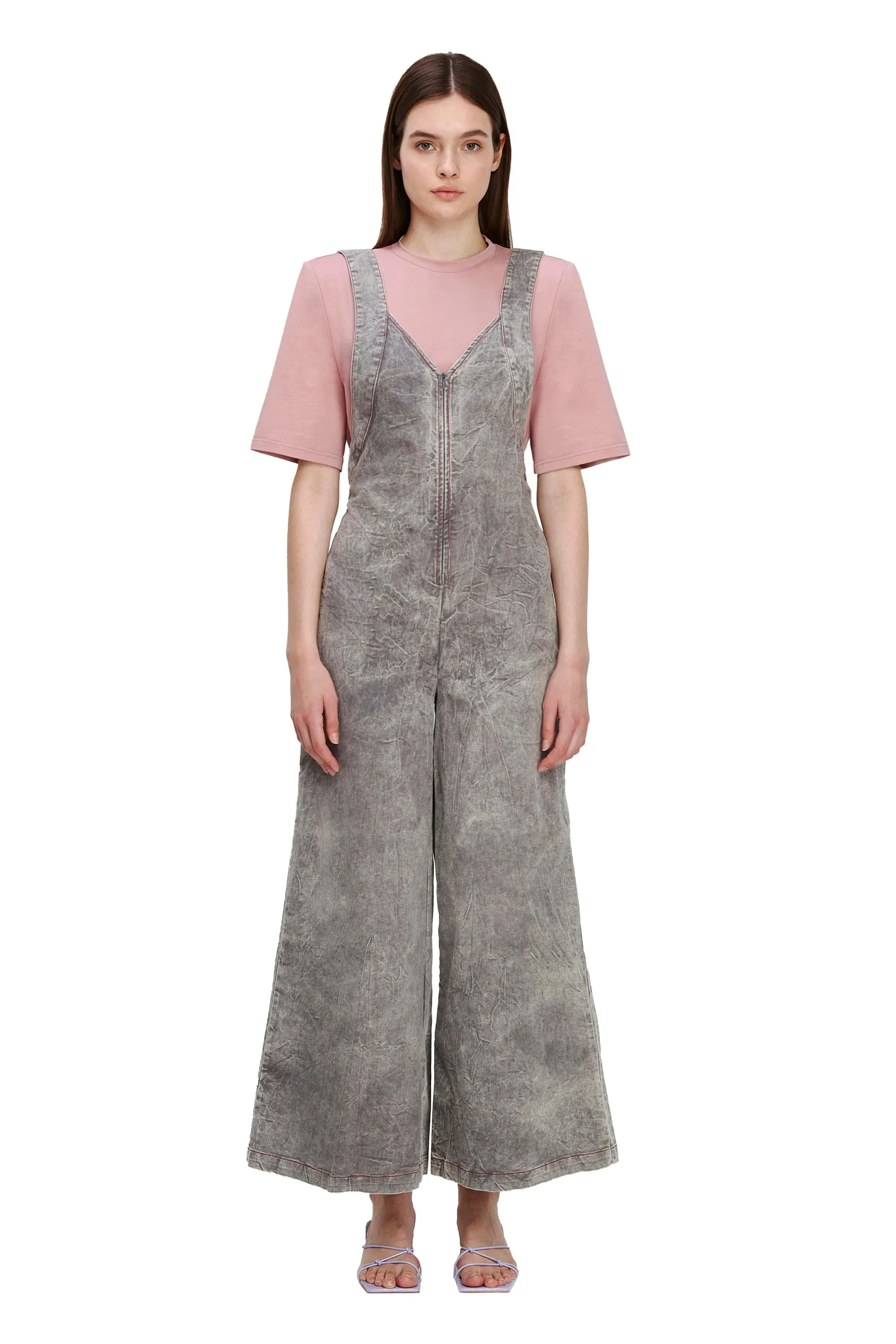 Gray Sleeveless V-Neck Denim Wide-Leg Full-Length Casual Jumpsuit JUMPER