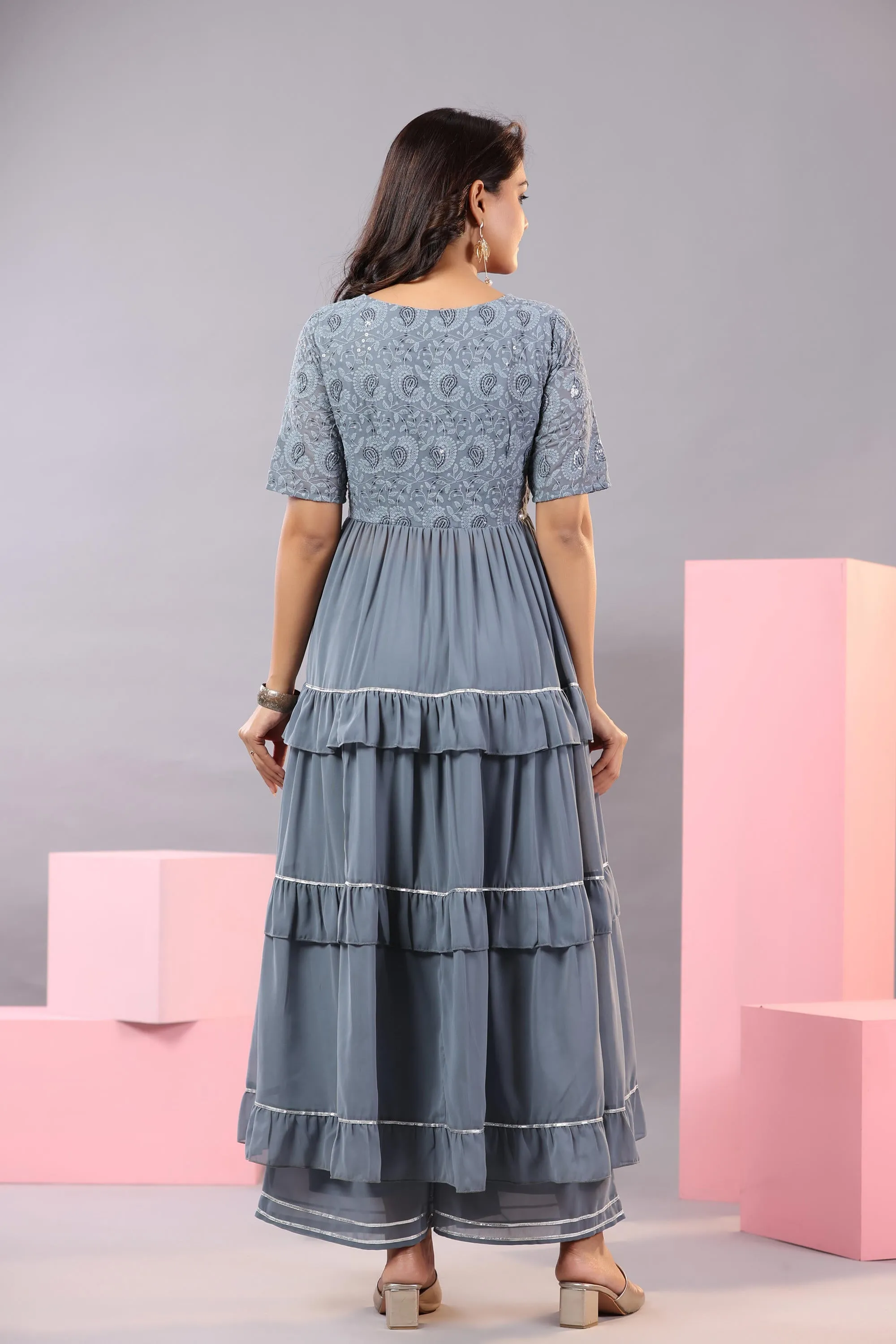 Grey Thread Embroidered Georgette Dress & Palazzo Set With Sequins & Lace