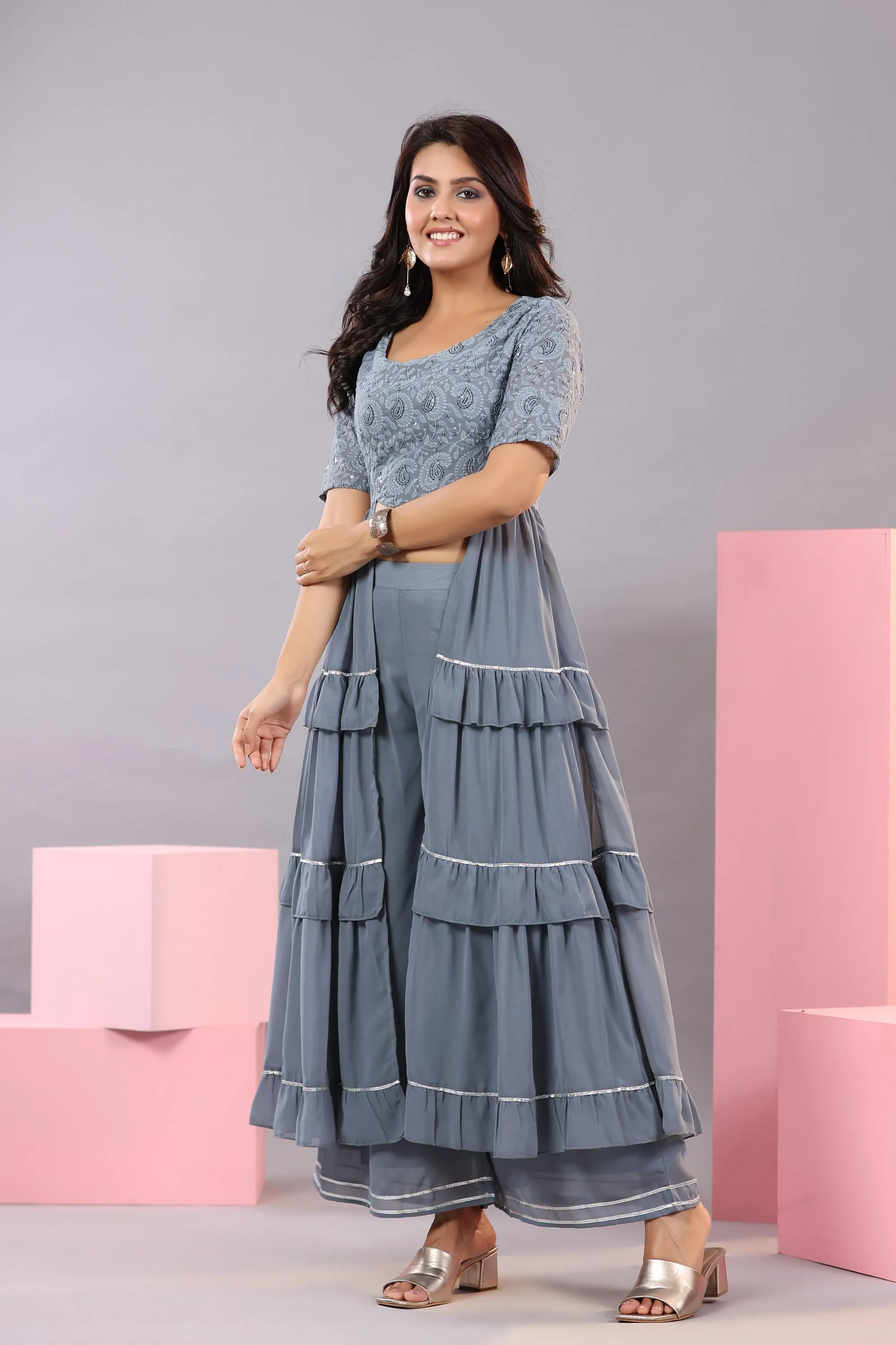 Grey Thread Embroidered Georgette Dress & Palazzo Set With Sequins & Lace