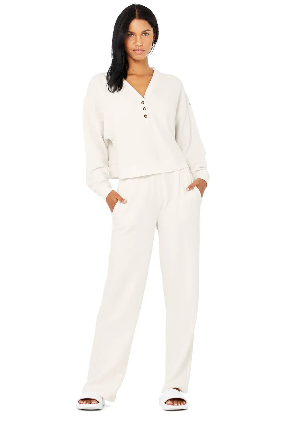 Micro Waffle Pleasant Cropped Henley & Micro Waffle High-Waist Pleasant Wide Leg Pant Set