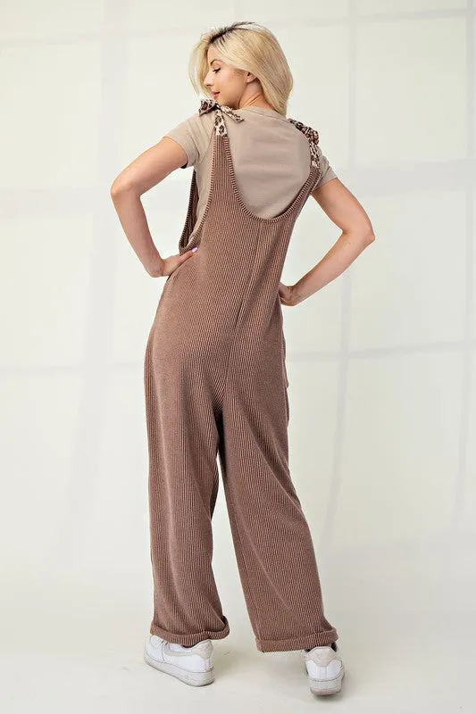MQTIME  -  Celeste Full Size Ribbed Leopard Tied Shoulder Overalls