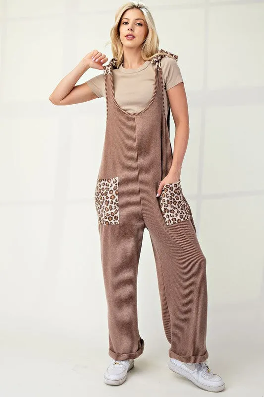 MQTIME  -  Celeste Full Size Ribbed Leopard Tied Shoulder Overalls