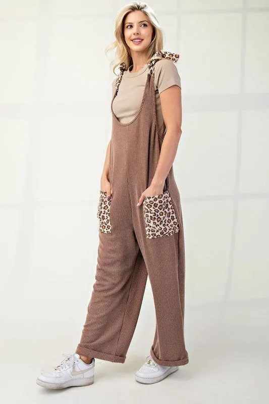 MQTIME  -  Celeste Full Size Ribbed Leopard Tied Shoulder Overalls