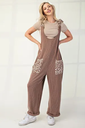 MQTIME  -  Celeste Full Size Ribbed Leopard Tied Shoulder Overalls