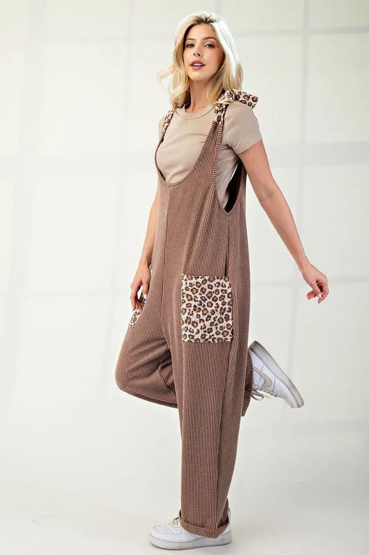 MQTIME  -  Celeste Full Size Ribbed Leopard Tied Shoulder Overalls