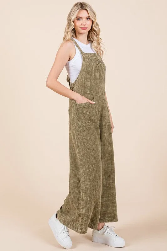 Textured Wide Leg Overalls