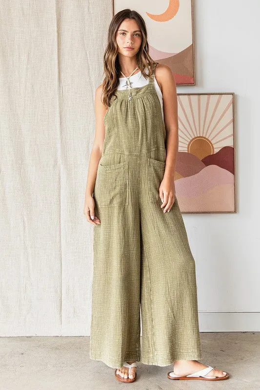 Textured Wide Leg Overalls