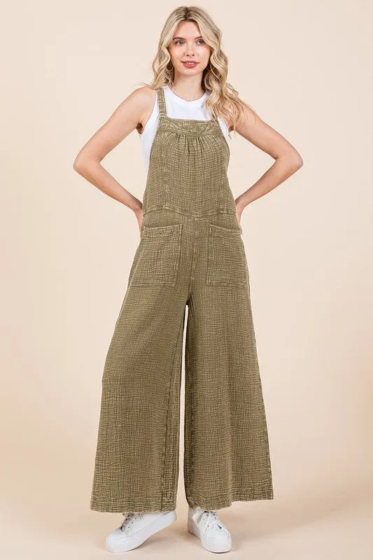 Textured Wide Leg Overalls