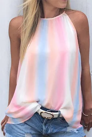 Tie Dye Halter Neck Rainbow Striped Tank Top